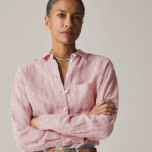 J crew Garcon Red White Stripe Linen Button Down Shirt Size 6 Small Women's